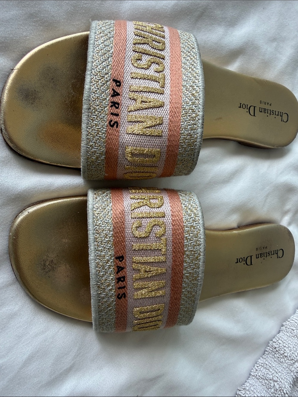 Dior Gold and Pink Embroidered Slide Sandals - Picture 5 of 9